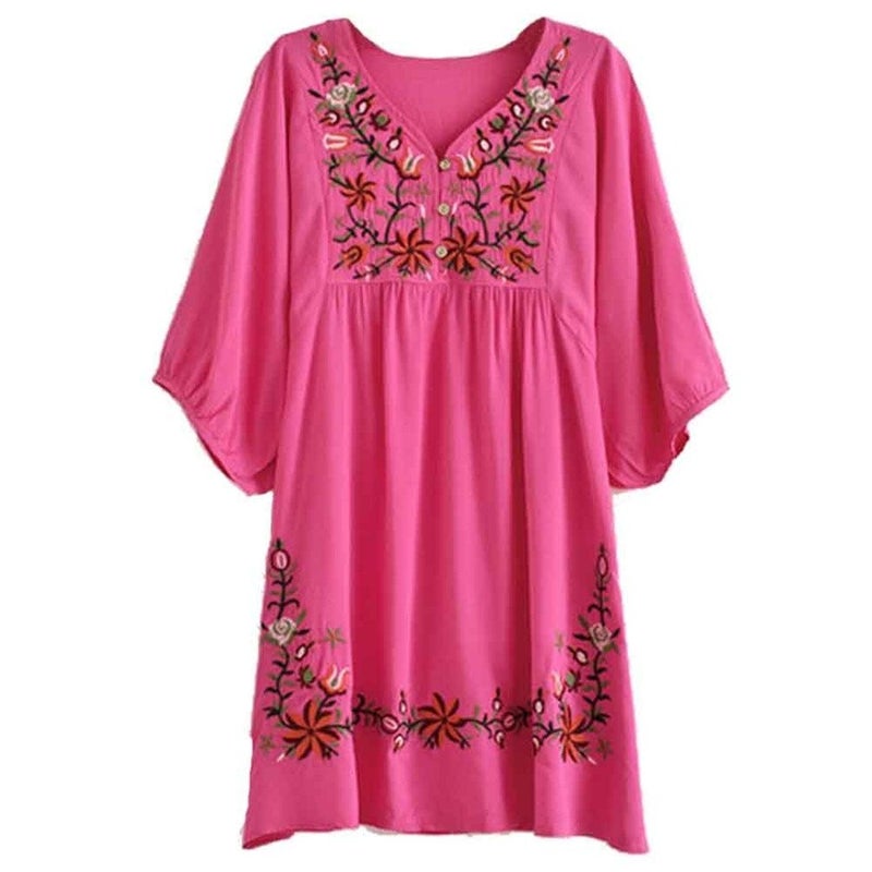 Kafeimali Summer Dress V Neck Mexican Embroidered Peasant Women's Dressy Tops Blouses (Rose Red) - Image 1